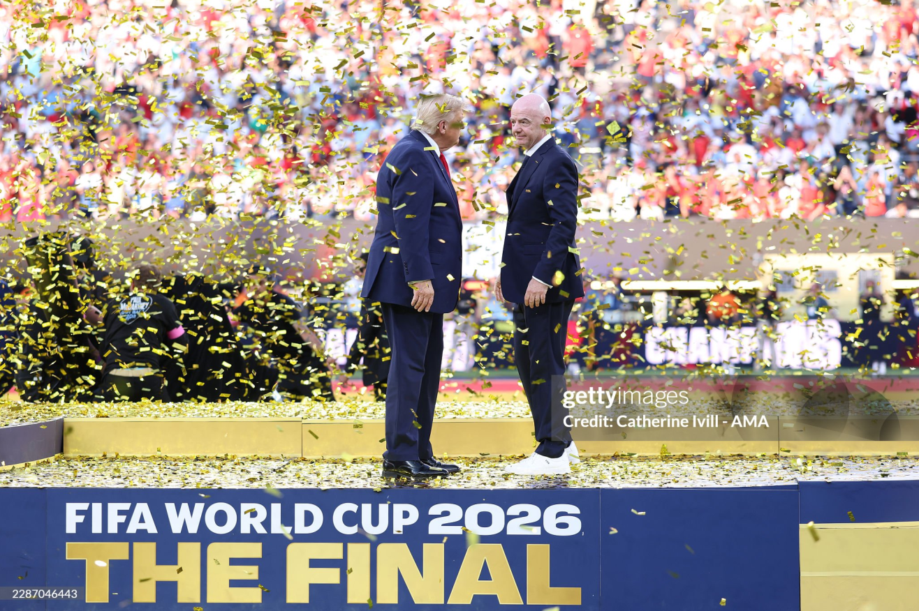 FIFA President Gianni Infantino and President of the United States Donald J Trump stand after the FIFA World Cup 2026 Final. Photo by Catherine Ivill / Getty Images.
